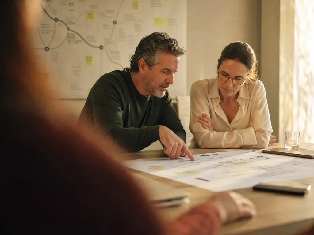 Consultores analisando um mapa estratégico